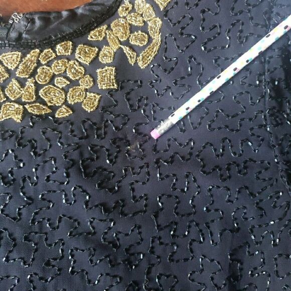 VTG Lourence Kazar Top Blouse Short Sleeves Black Gold Fully Sequins Lined Sz XL - Picture 10 of 15